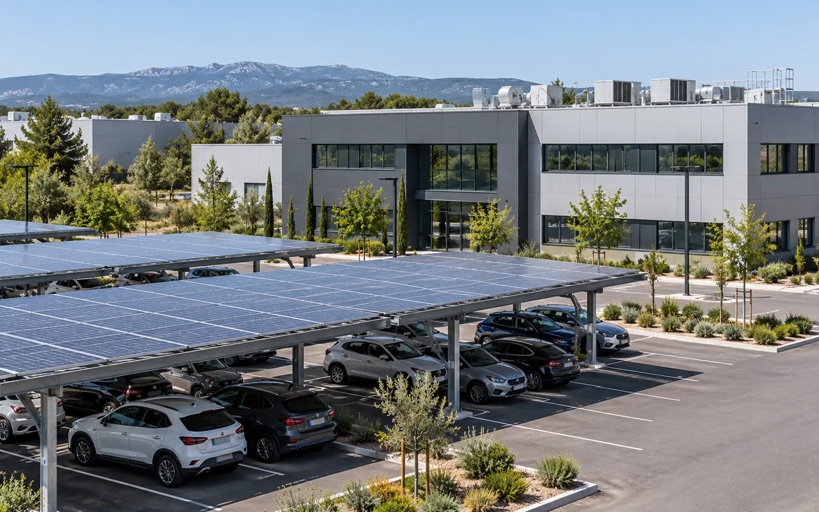 Site professionnel avec toiture et parking pouvant accueillir une installation photovoltaïque en autoconsommation