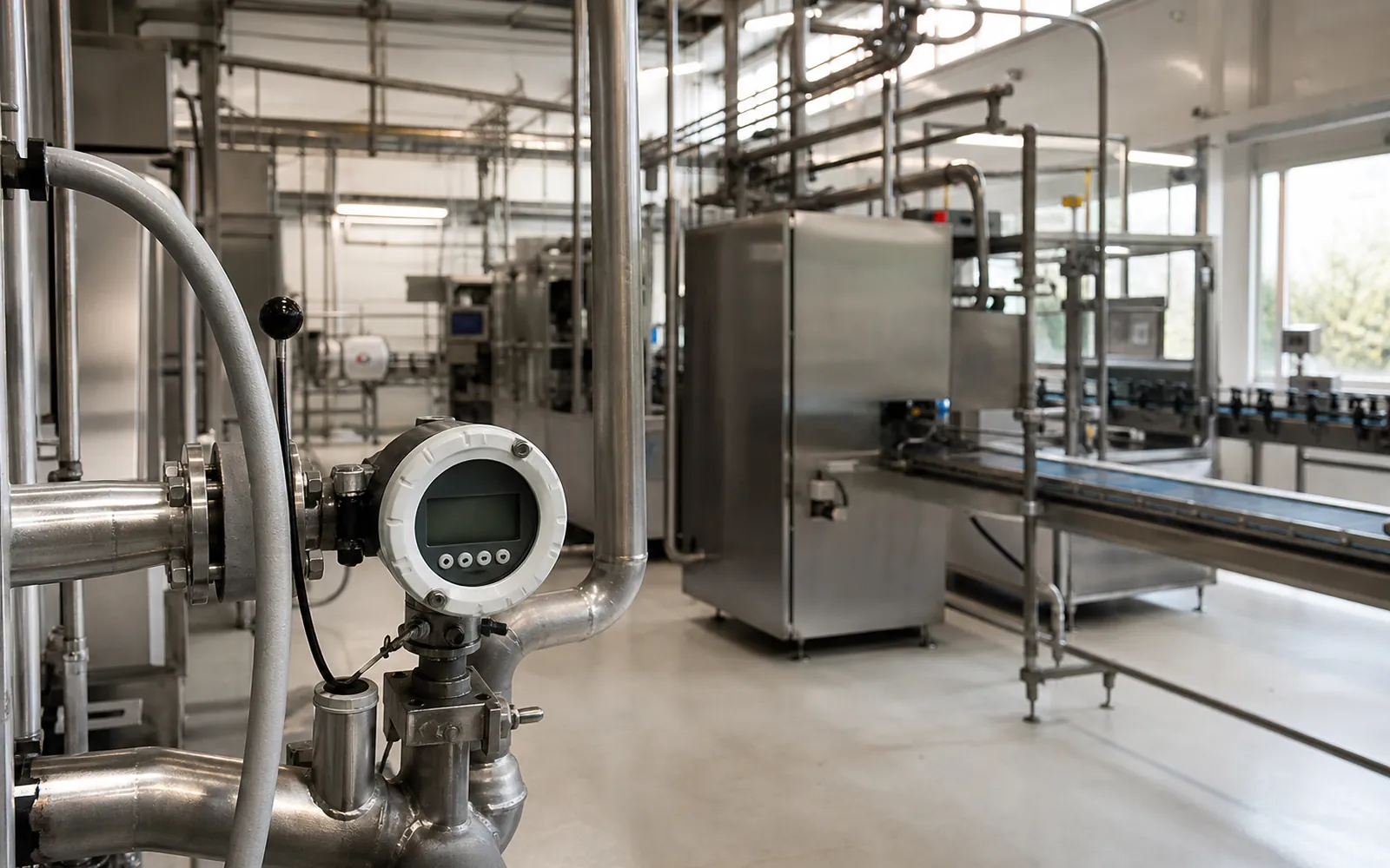 Atelier agroalimentaire avec un compteur d’énergie au premier plan